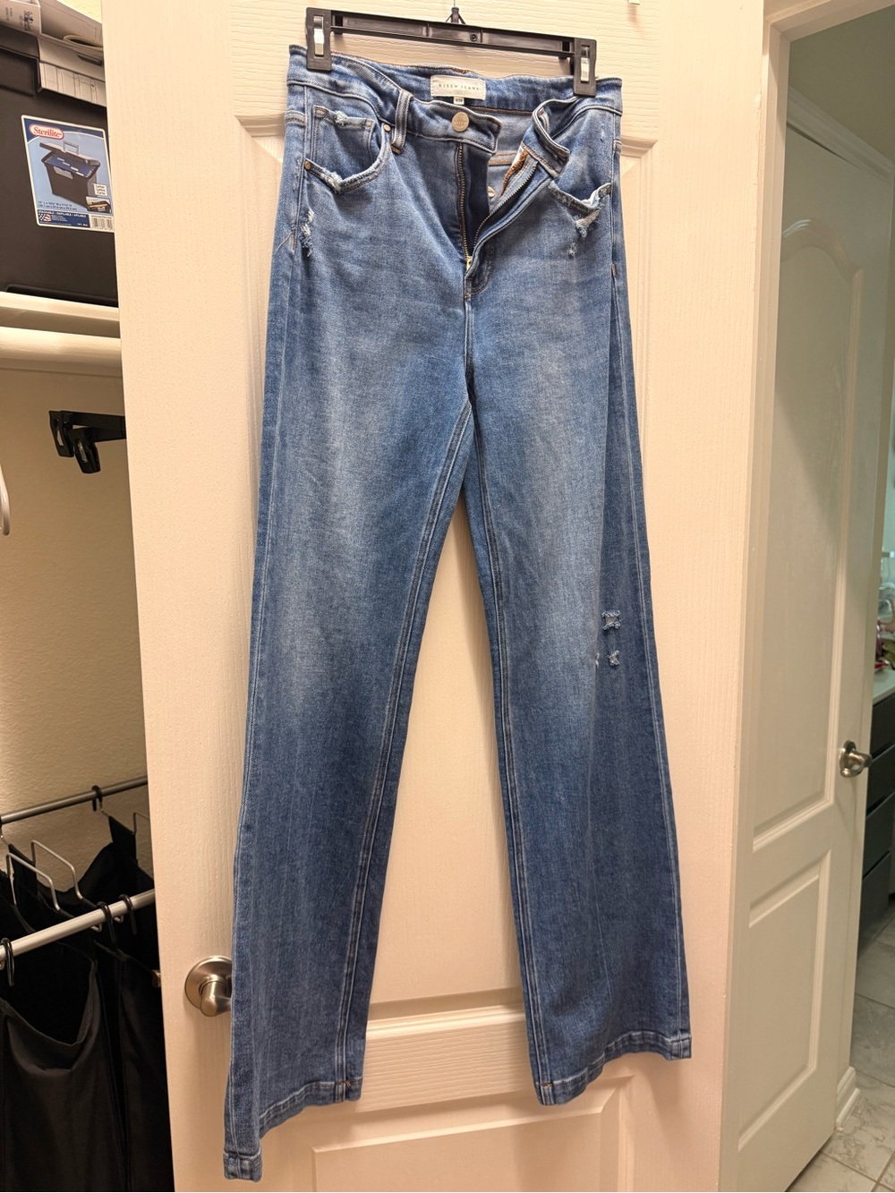 Women's Blue Boot-Cut Jeans with Subtle Distress